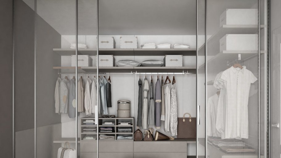 custom closet, frosted glass, closet storage